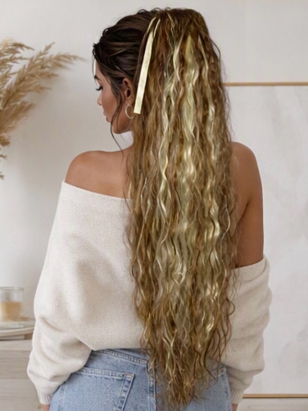 🎀🌷 40” Extra Long Wavy Ponytail Hair Extension Brown & Blonde Highlights